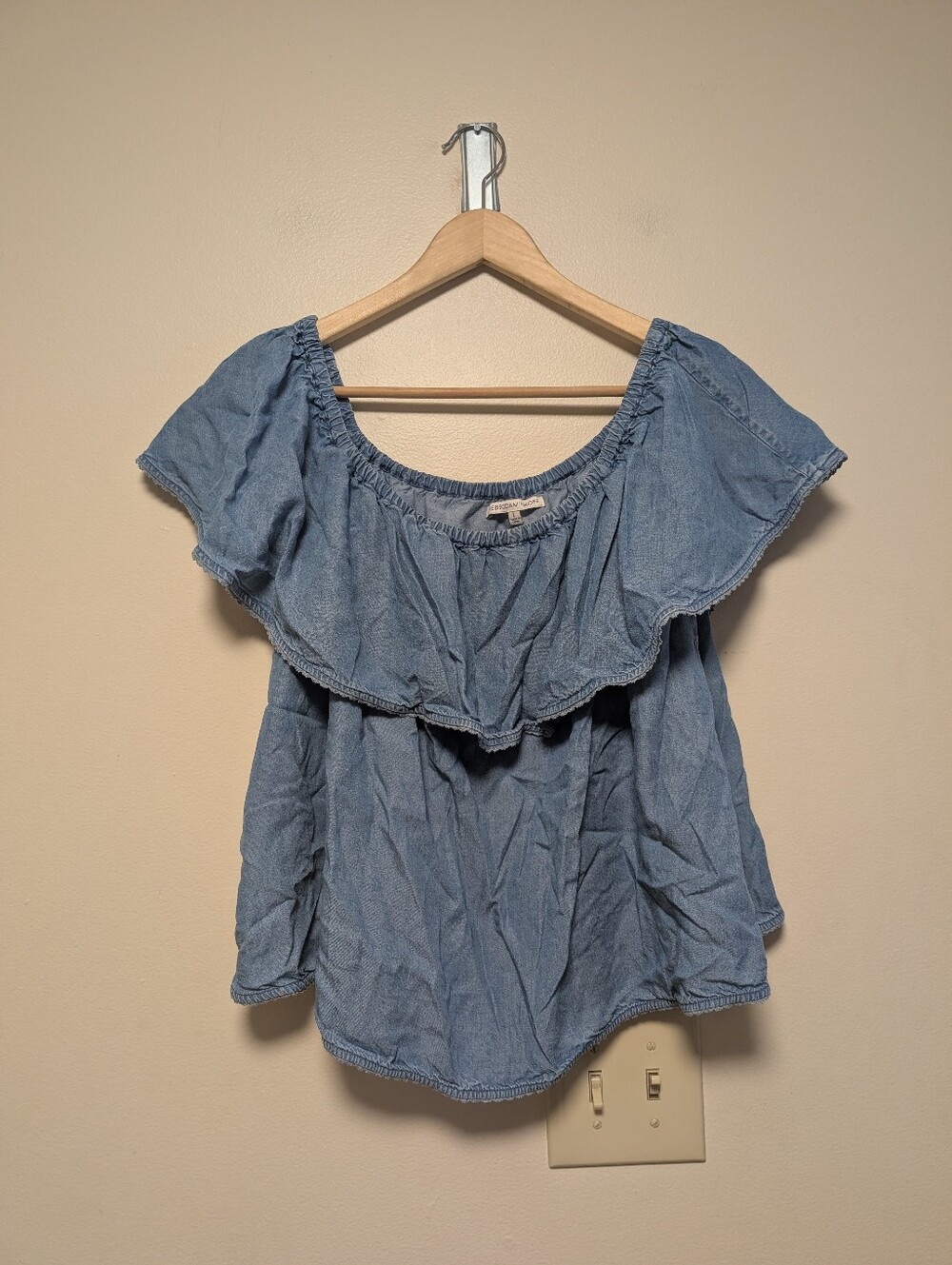 Rebecca Minkoff Light Blue Off-the-Shoulder Ruffle Tunic